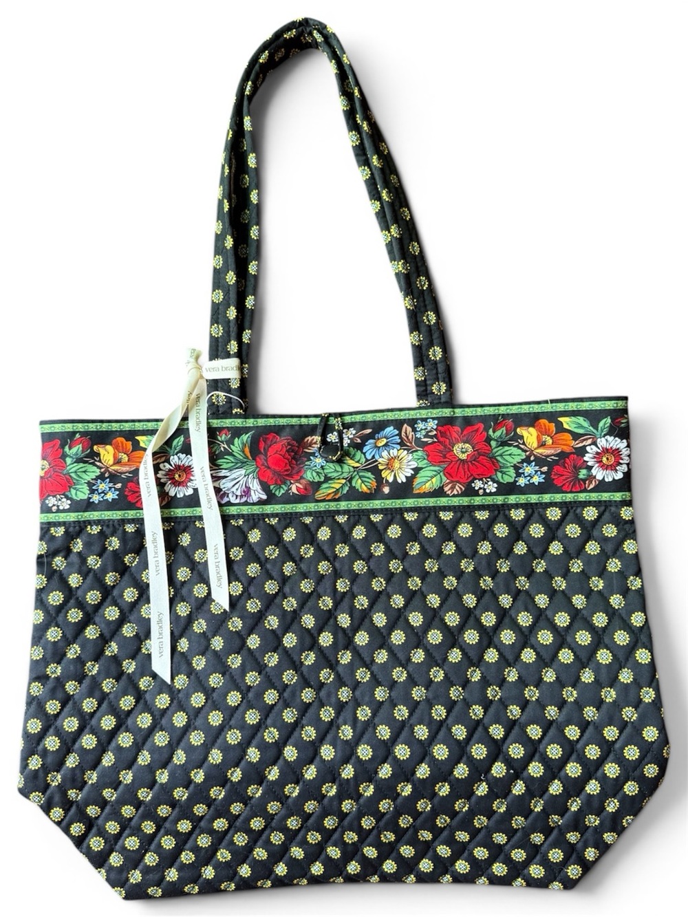 Vera Bradley Vintage Tote Bag Noir Vibrant Black Floral Quilted Cotton - NEW